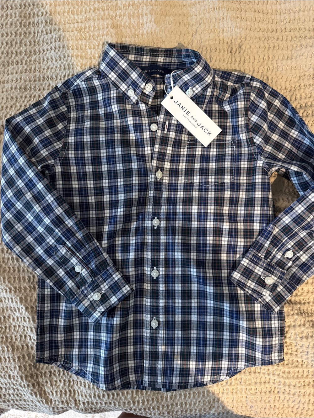 Janie and Jack Navy and White Plaid Button-Down Shirt